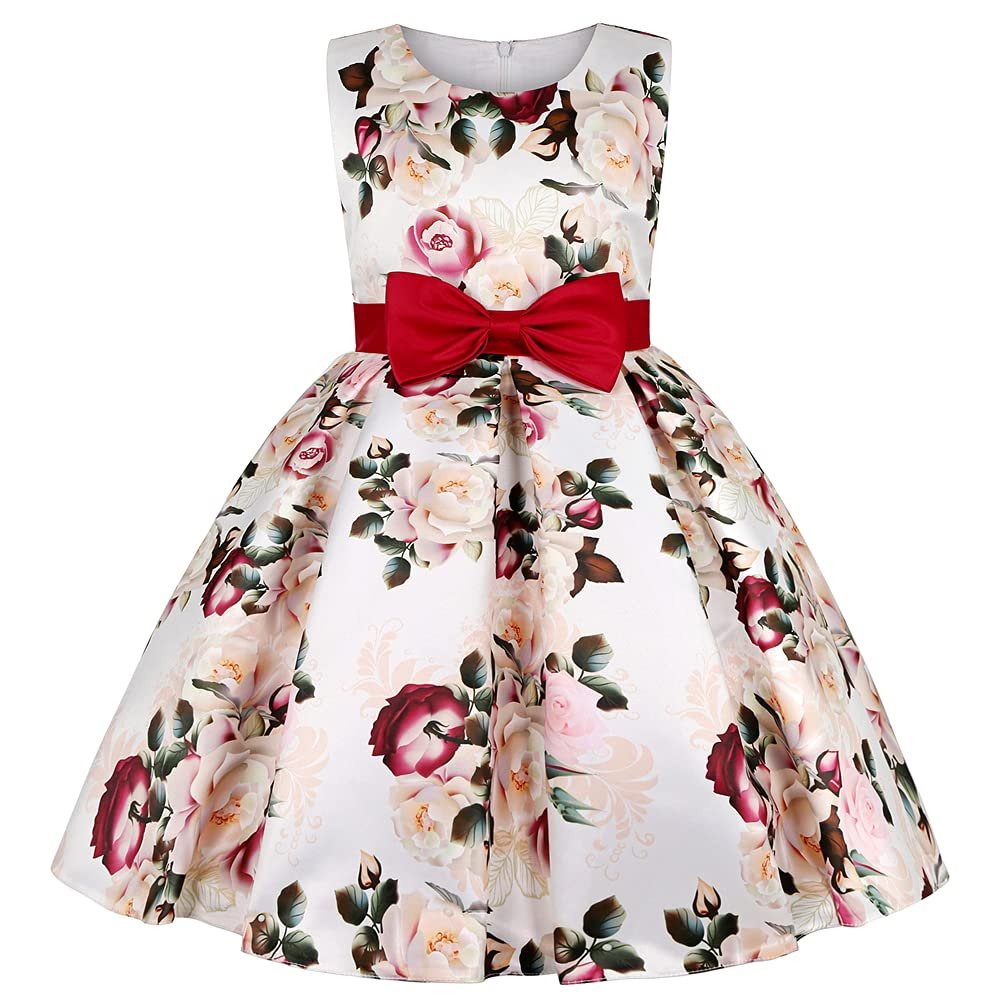 AIMJCHLD Big Girls Ruffle A-Line Rustic Flower Dress Tea Length Party Wedding Pageant Sundress Bridesmaid Formal Fancy Graduation Ball Gowns Dresses Size 7 8 Years (Burgundy 140)