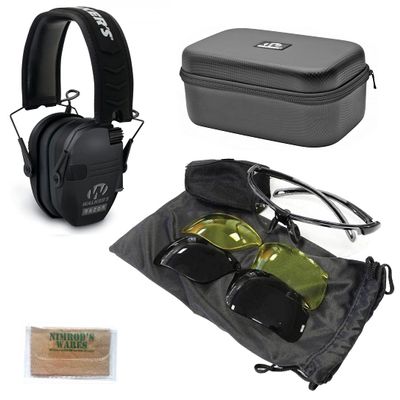 Nimrod's Wares Walker's Earmuffs + Birchwood Shooting Glasses + Case Bundle with Microfiber Cloth