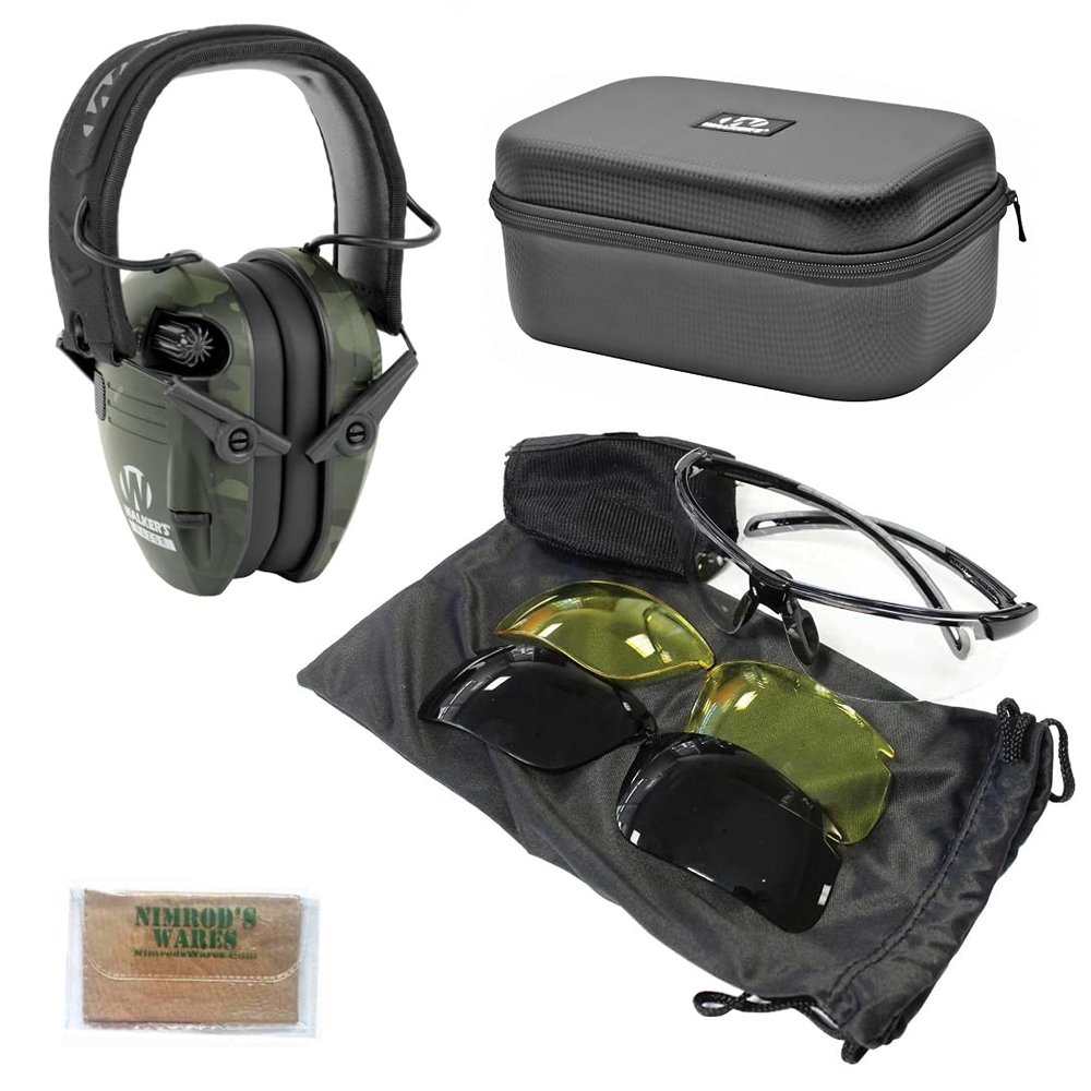 Nimrod's Wares Walker's Earmuffs MCCG + Birchwood Shooting Glasses + Case Bundle with Microfiber Cloth