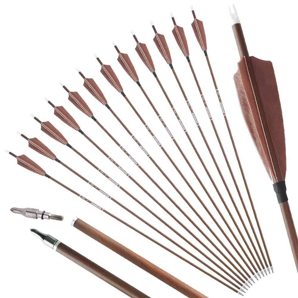 ZSHJGJR 31" Archery Carbon Arrows Spine 340 400 500 600 Hunting Arrows with Removable Tips Natural Feather Targeting Arrows for Compound & Recurve & Traditional Bow 6/12pcs (6, Brown, Spine 600)