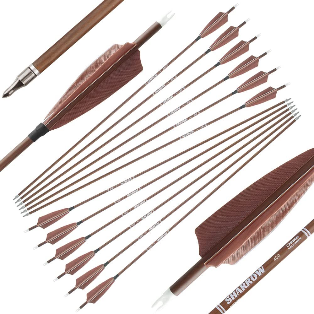ZSHJGJR 31" Archery Carbon Arrows Spine 340 400 500 600 Hunting Arrows with Removable Tips Natural Feather Targeting Arrows for Compound & Recurve & Traditional Bow 6/12pcs (12, Brown, Spine 400)