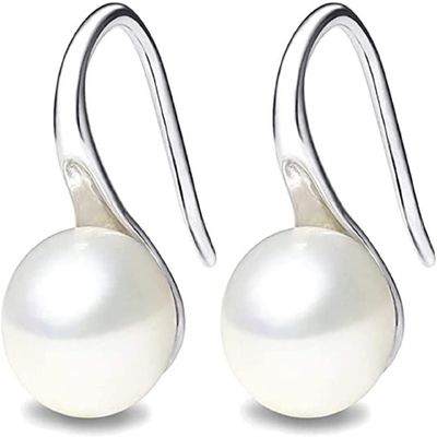 925 sterling silver hoop selection AAA+ quality 7.5-8mm white freshwater cultured pearl dangling earrings jewelry, designed for women