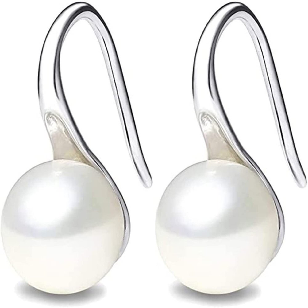 925 sterling silver hoop selection AAA+ quality 7.5-8mm white freshwater cultured pearl dangling earrings jewelry, designed for women