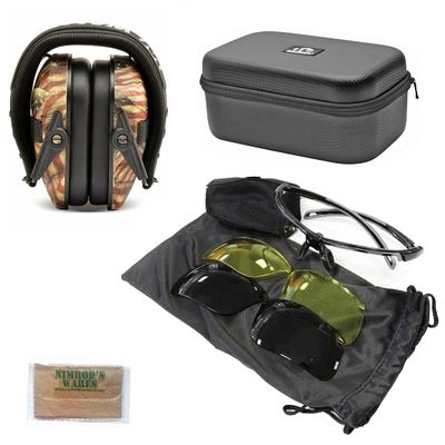 Nimrod's Wares Walker's Earmuffs Right to Bear Arms + Birchwood Shooting Glasses + Case Bundle with Microfiber Cloth