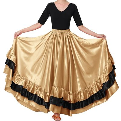 Backgarden Women Black Red Layers Satin Long Skirt for Spanish Flamenco Belly Dance Gypsy Mexico Ballet Folklorico Performance Costume (Dark Gold Theme)