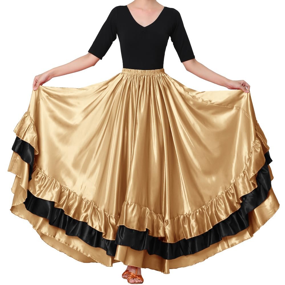 Backgarden Women Black Red Layers Satin Long Skirt for Spanish Flamenco Belly Dance Gypsy Mexico Ballet Folklorico Performance Costume (Dark Gold Theme)