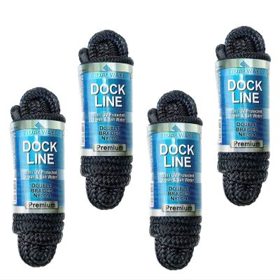 Tidal Wake Marine Grade Double Braided Nylon Dock Lines with 12 Eyelet Loop Premium Boat Mooring Ropes 3/8" x 15 ft, Weather Resistant, 4 Pack Black