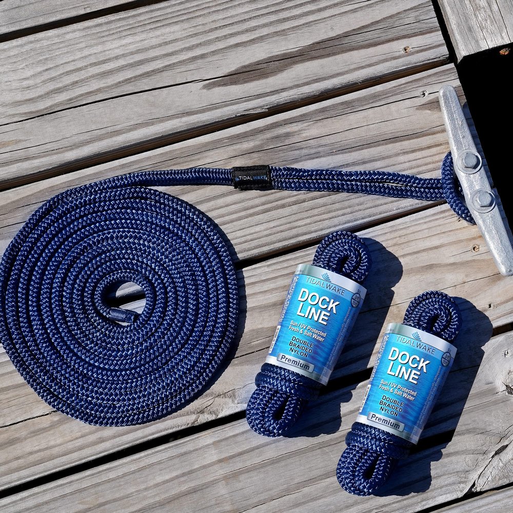 Tidal Wake Marine Grade Double Braided Nylon Dock Lines with 12 Eyelet Loop Premium Boat Mooring Ropes 3/8" x 15 ft, Weather Resistant, 4 Packs Navy Blue