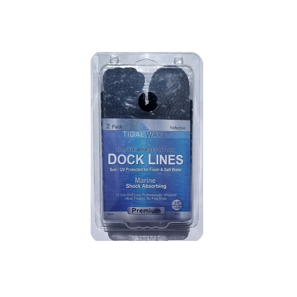 Tidal Wake Reflective Marine-Grade Dock Lines  Double Braided Nylon Boat Rope, 3/8" x15 ft, Eyelet Loop  Easier to See at Night, Heavy-Duty, UV & Saltwater Resistant 4 Pack (Black w/Silver)