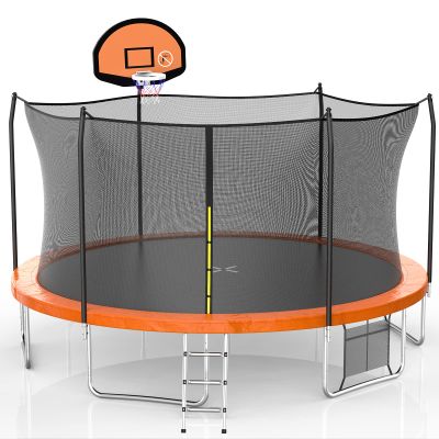 AOTOB 15FT Trampoline with Safety Enclosure Net, Outdoor Trampoline with Basketball Hoop,Heavy Duty Jumping Mat and Spring Cover Padding for Kids and Adults, Storage Bag and Ladder