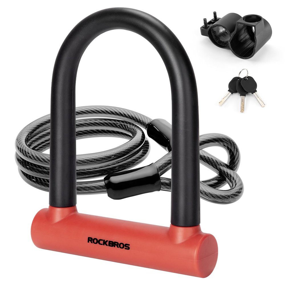 ROCKBROS U Lock Bike U Lock with Cable Heavy Duty Anti Theft Bike Lock U-Lock 4 ft Cable Mounting Bracket for Bikes eBikes Motorcycles Scooters