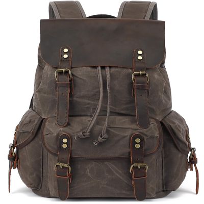 HuaChen Vintage Waxed Canvas Backpack with Genuine Leather Flap, Travel & Work Rucksack, Water-Resistant Daypack with Anti-Theft Pocket, OVERSIZE - M80 Grey XL