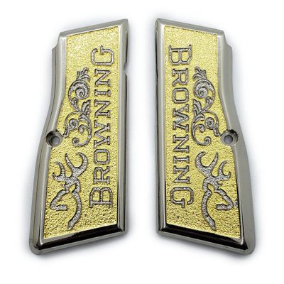 Grips for Browning Hi Power and Tisas Regent BR9, Scroll Texture Metal Grips Nickel and Gold Plated