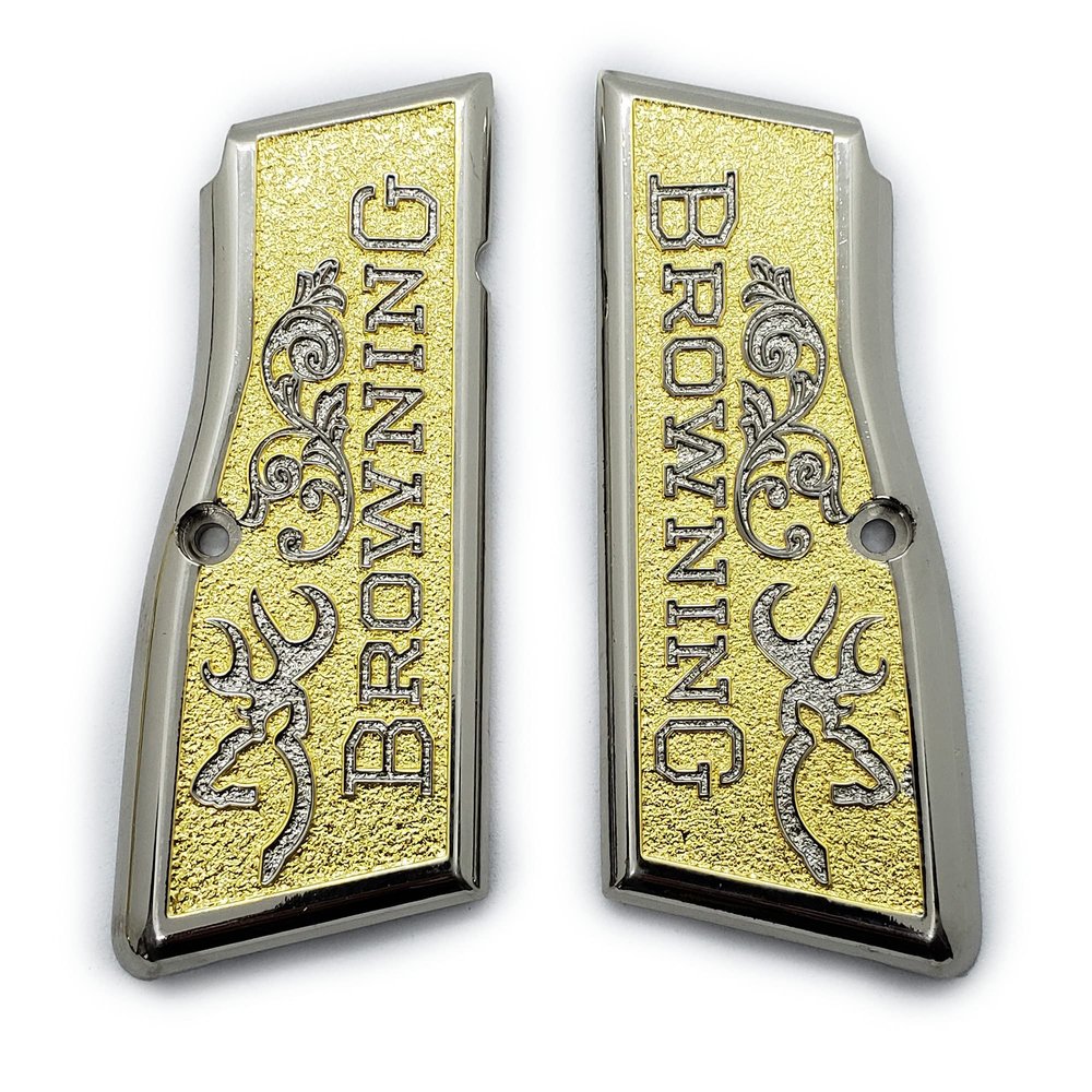 Grips for Browning Hi Power and Tisas Regent BR9, Scroll Texture Metal Grips Nickel and Gold Plated
