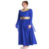 FMYFWY Women Metallic Gold Praise Dance Dress Robe Long Sleeve Liturgical Worship Costume Chiffon Skirt Lyrical Gown Royal Blue M view 4