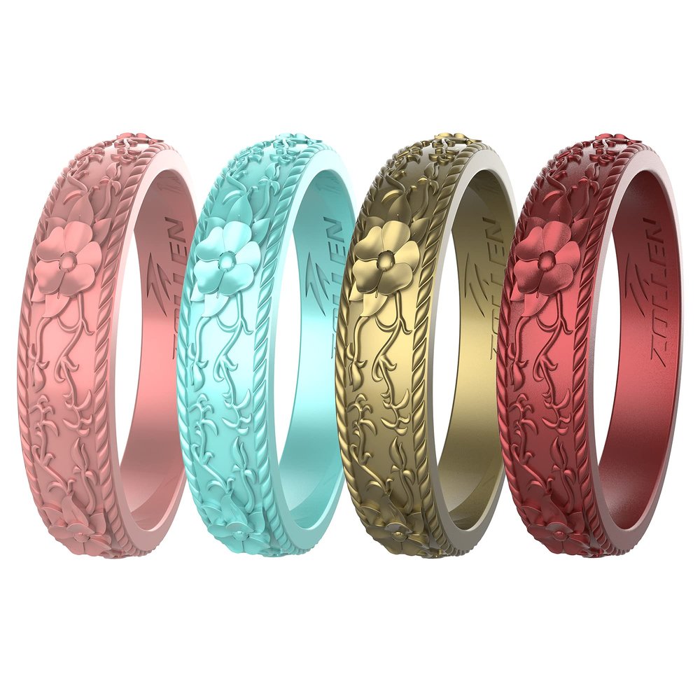Zollen Silicone Wedding Rings for Women 1/4/7 Packs -Stackable Silicone Rubber Wedding Bands - Innovative Flower & Vine CollectionSize 05