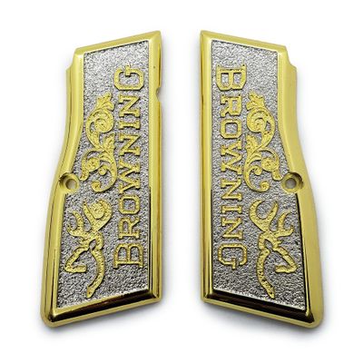 Grips for Browning Hi Power and Tisas Regent BR9, Scroll Texture Metal Grips Gold Plated