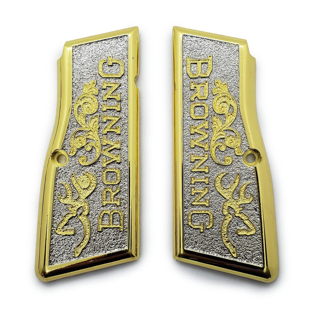 Grips for Browning Hi Power and Tisas Regent BR9, Scroll Texture Metal Grips Gold Plated