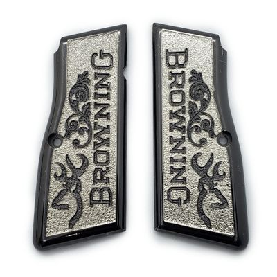Grips for Browning Hi Power and Tisas Regent BR9, Scroll Texture Metal Grips Nickel and Black Plated