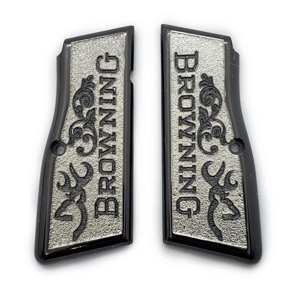 Grips for Browning Hi Power and Tisas Regent BR9, Scroll Texture Metal Grips Nickel and Black Plated