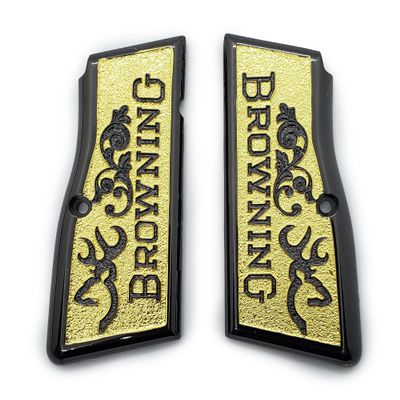 Grips for Browning Hi Power and Tisas Regent BR9, Scroll Texture Metal Grips Black and Gold Plated