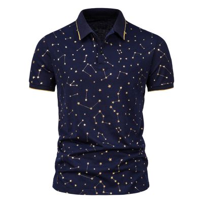 Maryia Men's Golf Polo Shirts Summer Fashion Star Chain Bronzing Print Short Sleeve Lapel Soft Quick Dry Regular Fit