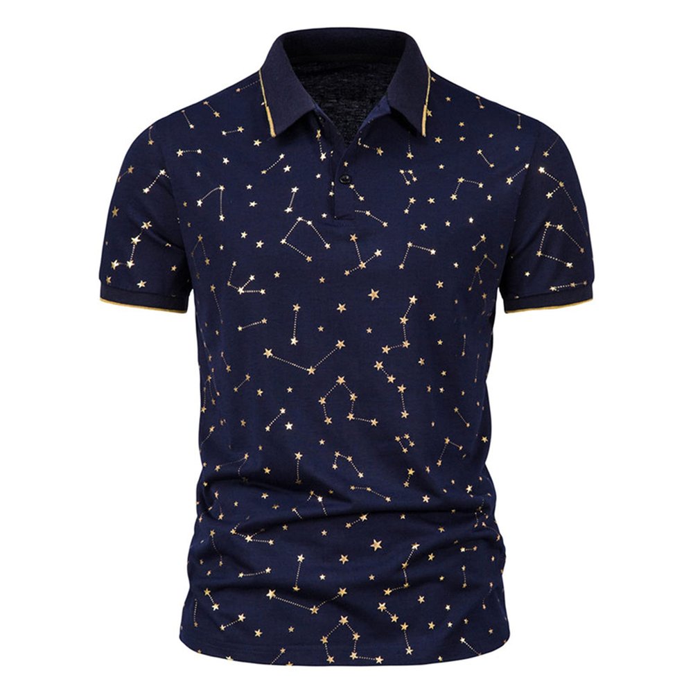 Maryia Men's Golf Polo Shirts Summer Fashion Star Chain Bronzing Print Short Sleeve Lapel Soft Quick Dry Regular Fit
