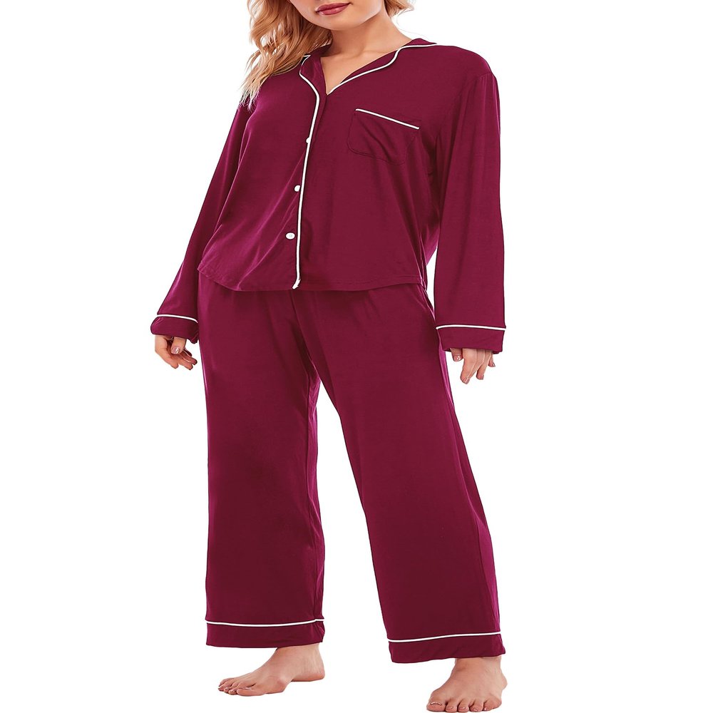 LUBOT Women's Pajamas Set PJ Set for Women Button-Down Front Soft Long Sleeve Shirt Pants Two-piece Sleepwear Loungewear (Wine Red, XL)