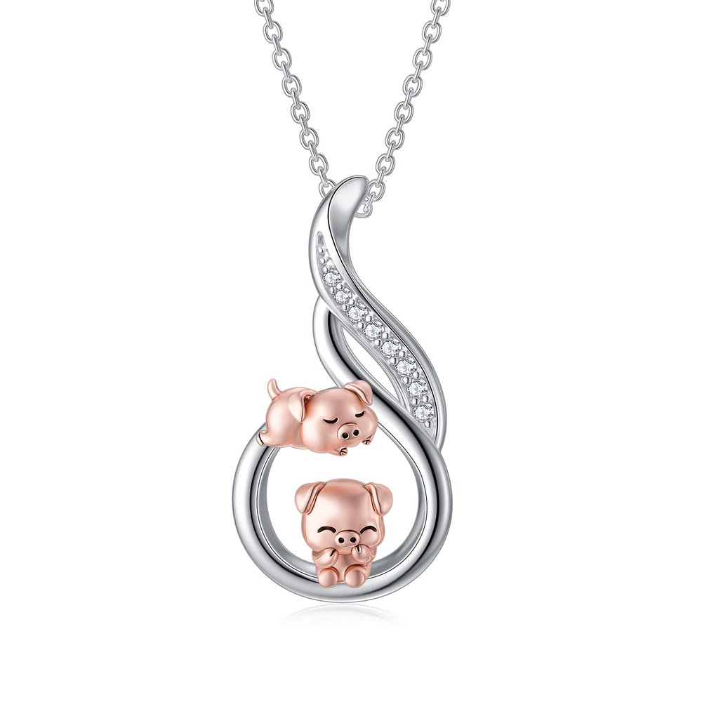 LONAGO Pig Necklace for Women 925 Sterling Silver Cute Two Pigs Animal Pendant Necklace Jewelry