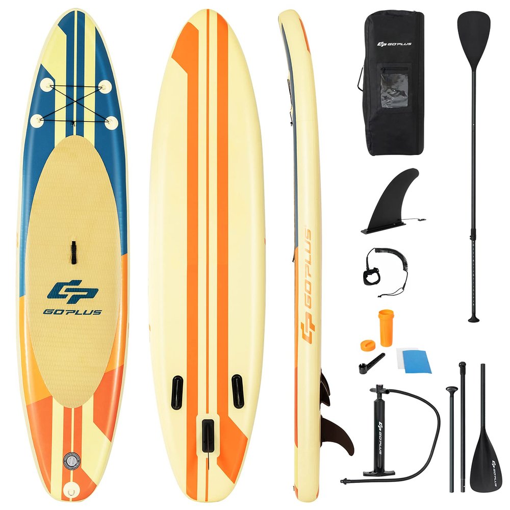 Goplus Inflatable Stand up Paddle Board, 6" Thick Surfboard with Premium SUP Accessories, Adjustable Aluminum Paddle, Leash, Carry Bag, Hand Pump, Removable Fin (Beige, 11 FT)