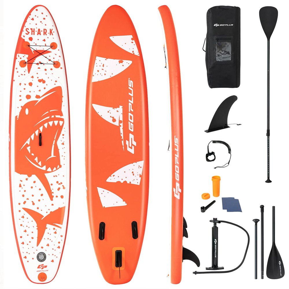 Goplus Inflatable Stand up Paddle Board, 6" Thick Surfboard with Premium SUP Accessories, Adjustable Aluminum Paddle, Leash, Carry Bag, Hand Pump, Removable Fin (Orange+White, 10.5 FT)