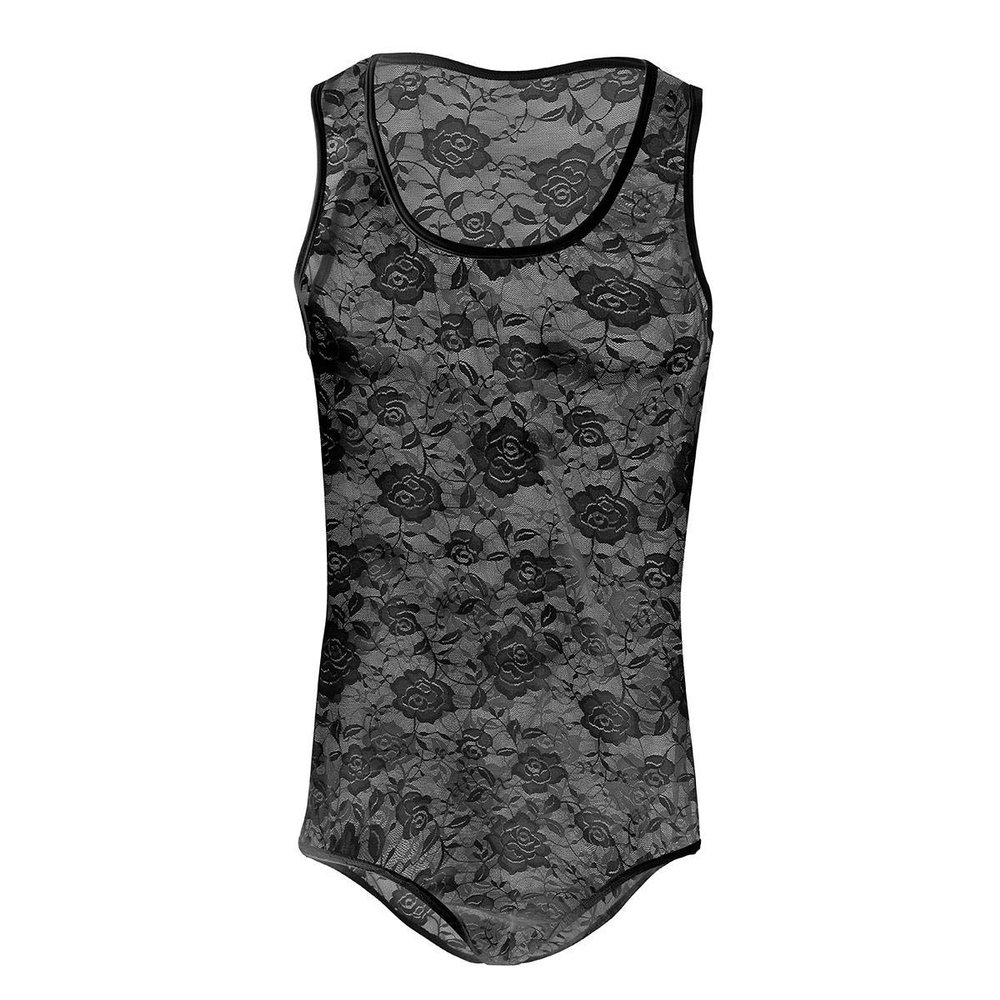 IBTOM CASTLE Men One Piece Sleeveless Cutout Leotard Bodysuit Swimsuit Thong Underwear Wrestling Singlet Athletic Leotard Briefs High Cut Stretchy Lingerie Swimwear Black-Lace S