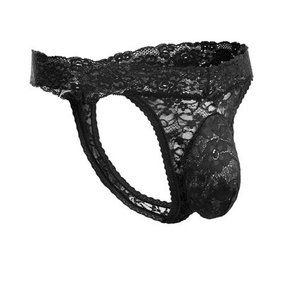 IBTOM CASTLE Transparent Sexy Sheer Lace Thong G-String Underwear for Sissy Men Bulge Pouch Panties Print Flower Lace Underwear Novelty G-String Thong Lingerie Underpants Briefs Black Thong XL