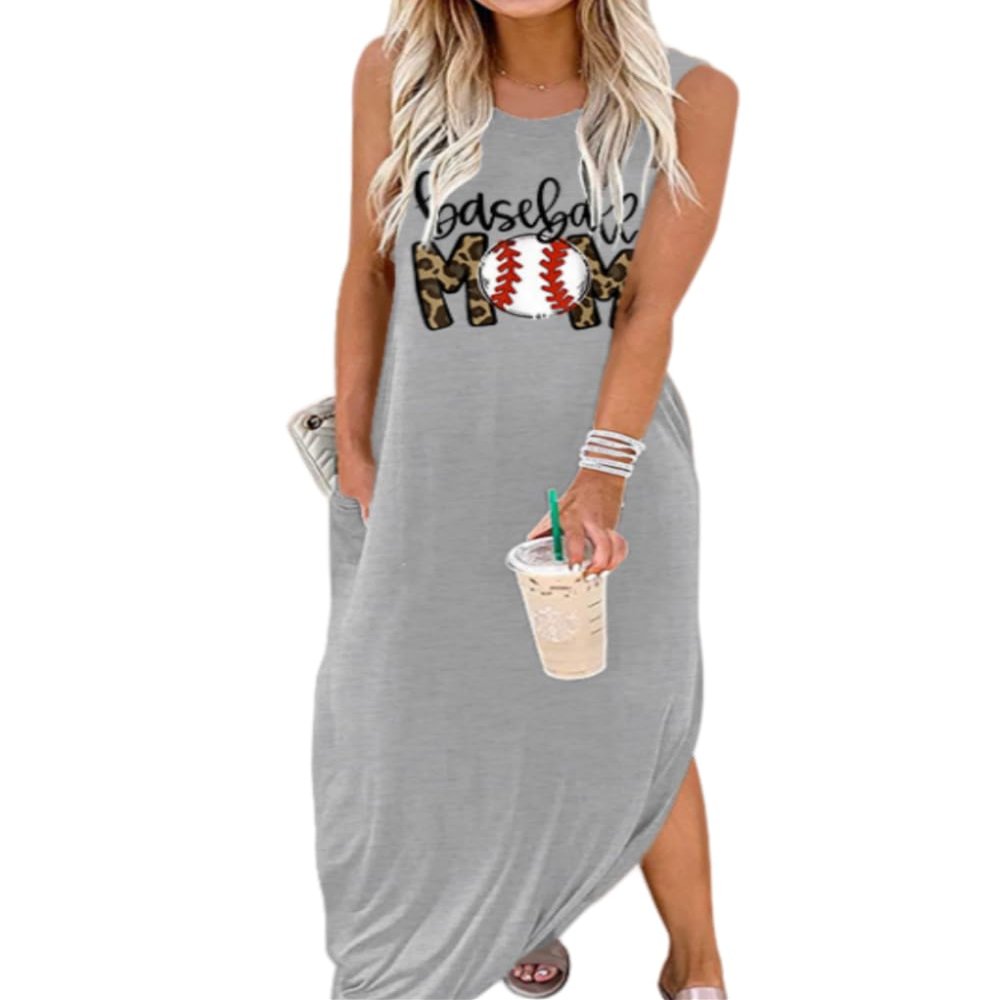 AHAIJ Women's Casual Rainbow Graphic Dress Sleeveless Pocket Maxi Dress Summer Hawaiian Beach Tank Dress Plain Shirt Dress (Grey Leaf, Large)