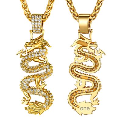 GoldChic Ice CZ Dragon Necklace For Women, Customized 18K Gold Plated Chinese Dragon Pendant Men Mascot Lucky Charm Necklace Hiphop Jewelry