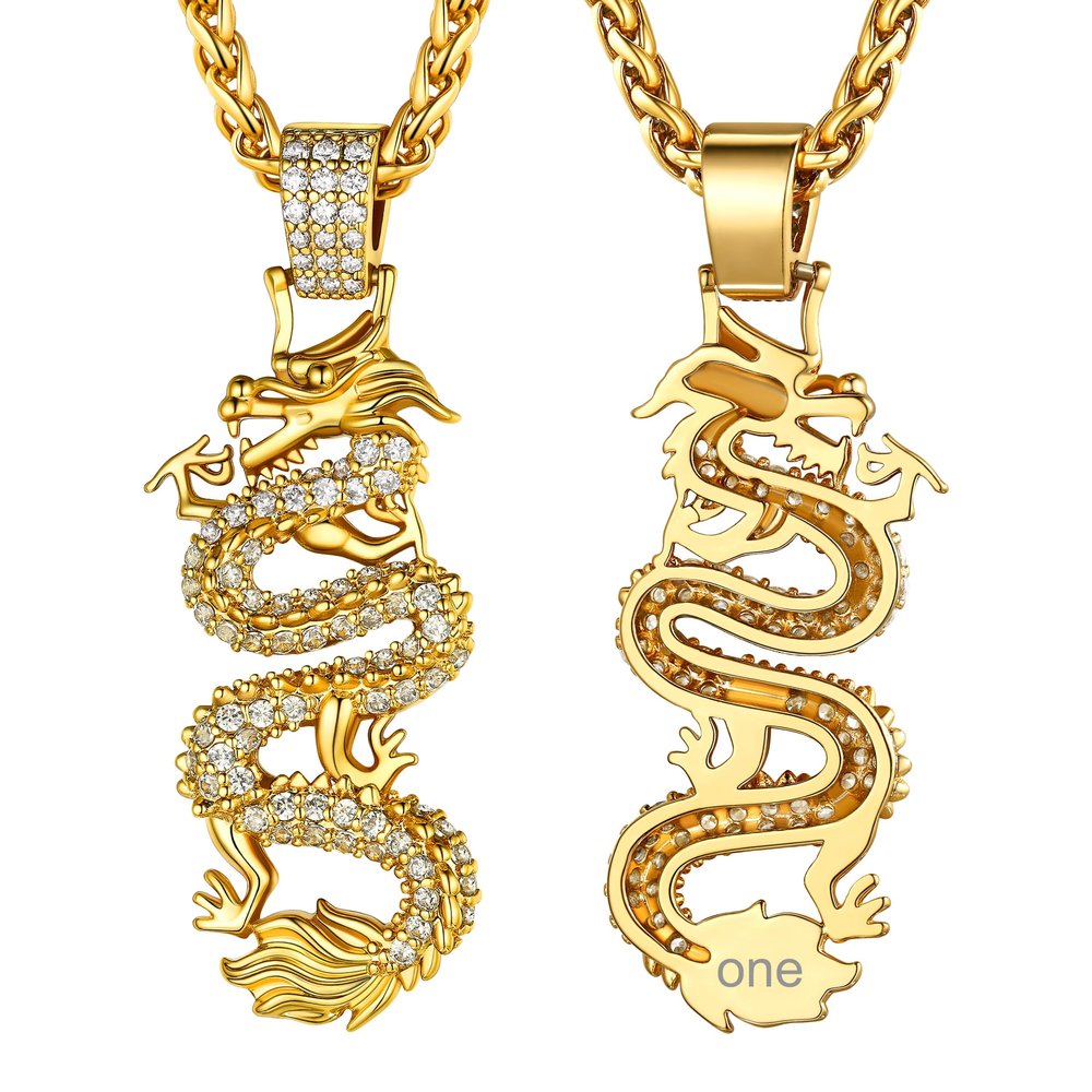GoldChic Ice CZ Dragon Necklace For Women, Customized 18K Gold Plated Chinese Dragon Pendant Men Mascot Lucky Charm Necklace Hiphop Jewelry