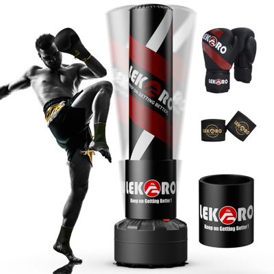 LEKRO Punching Bag 70" with Boxing Gloves, Heavy Boxing Bag with Stand for Adult Teens, Kickboxing Bag for MMA Muay Thai Fitness (Black red)