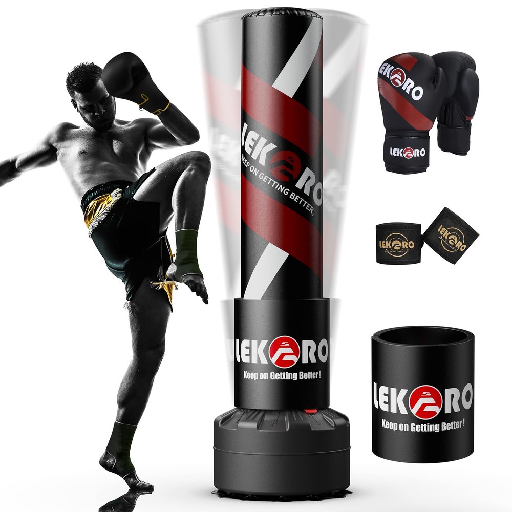 LEKRO Punching Bag 70" with Boxing Gloves, Heavy Boxing Bag with Stand for Adult Teens, Kickboxing Bag for MMA Muay Thai Fitness (Black red)