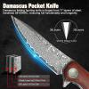 AUBEY Damascus Folding Pocket Knife Handmade with Clip for Men, Damascus Hunting Knife EDC Knife with Liner Lock for Outdoor Survival Camping Collection, Wooden Handle view 2