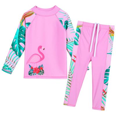 Girls Rash Guard Swimsuit Two Piece Floral Bathing Suit UPF 50+ UV Swimwear 3-12YS301_FlamingoPink_14A