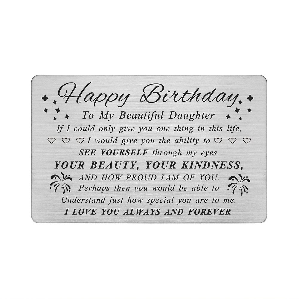DEGASKEN Daughter Birthday Card from Mom - Birthday Card for Daughter Adult - Happy Birthday Gifts Decorations for Women Girls Her - Beautiful Metal Engraved Wallet Card