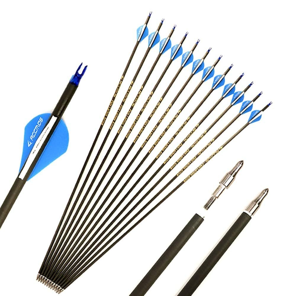 24pc ID 6.2mm .244" Custom Length 22-31 Inch Carbon Arrows Spine 350 400 500 600 Target Practice & Hunting Arrow Rotatable Nock for Recurve Bow Compound Bow Adult Youth Shooting