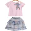 Agoky Kids Girls Summer Floral Print Dress Outfits Bowknot Short Sleeve Tops and Floral Layered Tulle Skirts Sets Pink 5-6 Years view 2