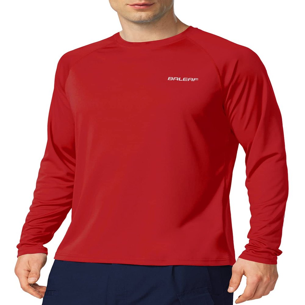baleaf Men's Sun Protection Shirts UV SPF T-Shirts UPF 50+ Long Sleeve Rash Guard Fishing Running Quick Dry Tomato Size L