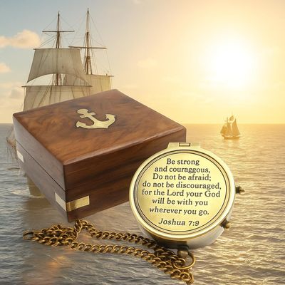 Be Strong and Courageous Compass Antique Nautical Magnetic Compass with Engraved Scripture Quote Baptism Gift with Wooden Box for Son, Father, Husband, Loved One