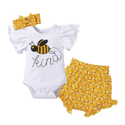 IKADEX Baby Girls Summer Outfits Ruffle Sleeve Fruit Floral Romper + Shorts + Headband Clothes Set White Bee 6-9 Months