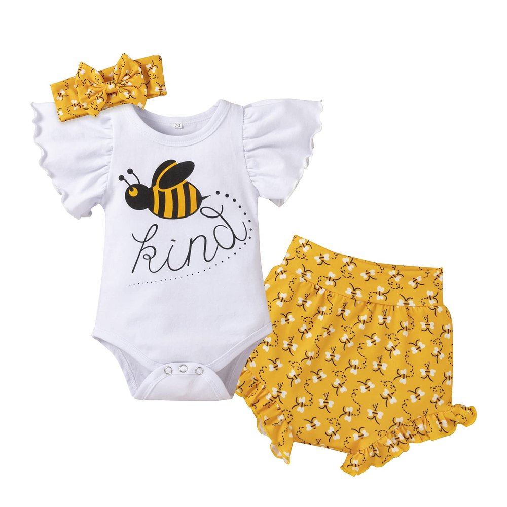 IKADEX Baby Girls Summer Outfits Ruffle Sleeve Fruit Floral Romper + Shorts + Headband Clothes Set White Bee 6-9 Months