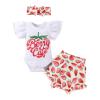 IKADEX Baby Girls Summer Outfits Ruffle Sleeve Fruit Floral Romper + Shorts + Headband Clothes Set White Strawberry 6-9 Months view 1