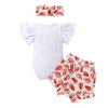 IKADEX Baby Girls Summer Outfits Ruffle Sleeve Fruit Floral Romper + Shorts + Headband Clothes Set White Strawberry 6-9 Months view 2