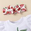 IKADEX Baby Girls Summer Outfits Ruffle Sleeve Fruit Floral Romper + Shorts + Headband Clothes Set White Strawberry 6-9 Months view 3